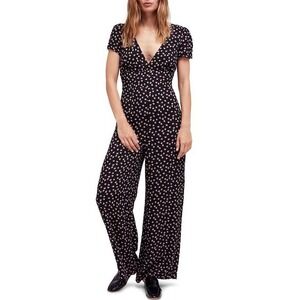 Free People Black Pink Floral Wide Leg Short Sleeve V Neck Jumpsuit Romper 12